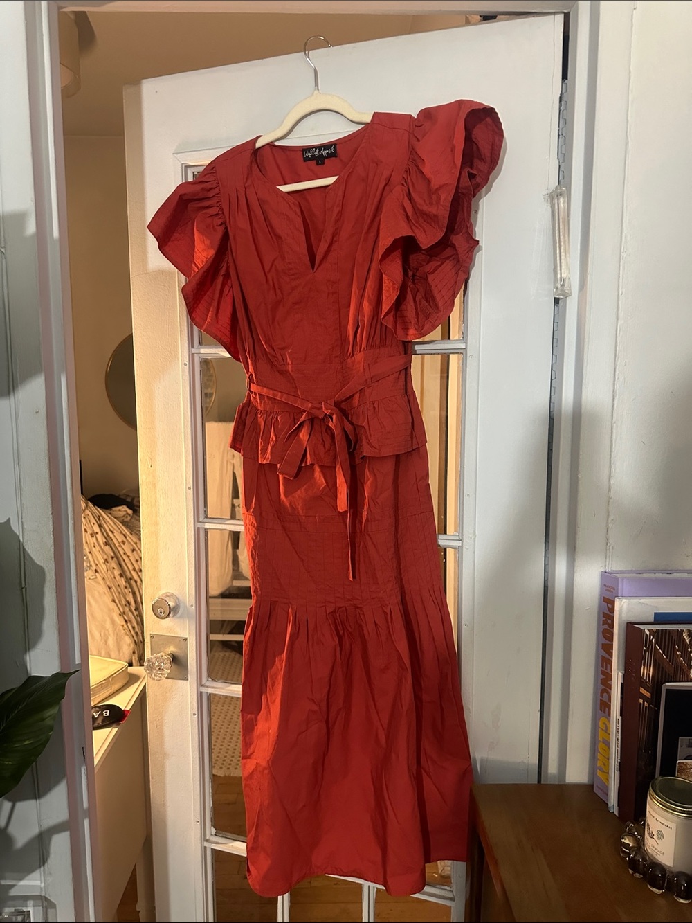 Statement Sleeve Red Maxi Dress with Waist Tie